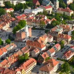 Widok z lotu ptaka na Sandomierz Rynek z ratuszem i kamienicami o czerwonych dachach.